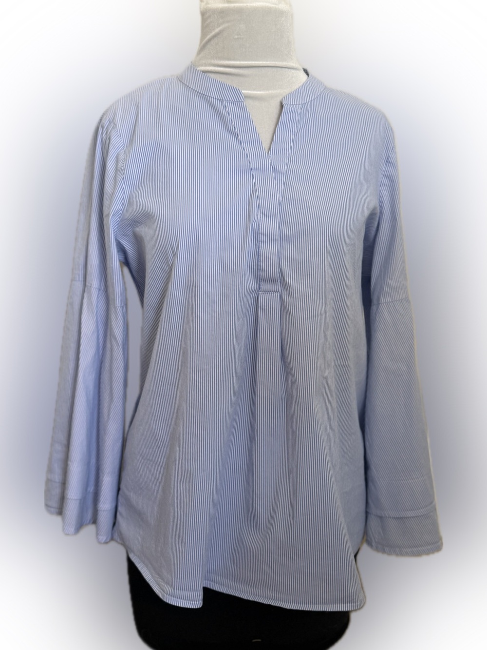 Ivanka Trump Blouse Womens Medium Blue Stripe Bell Sleeve Tunic Top